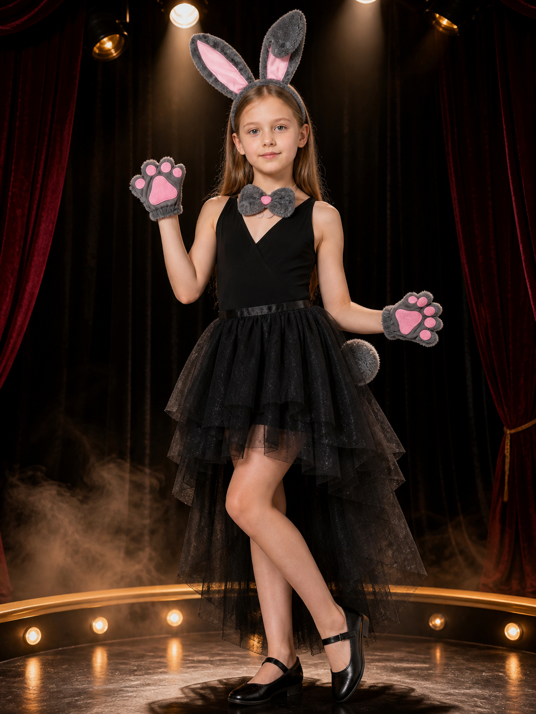 Girls' Gray Rabbit Costume Accessory Set With Ears, Paw Gloves, Bow Tie And Tail Costume Accessories detail 3