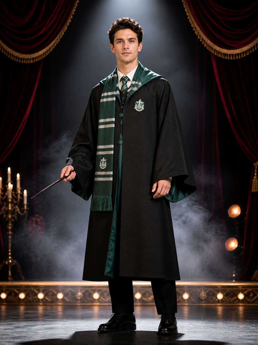 Wizard Robe Costume Set, Black Long Robe With Badge, Green-Black Striped Tassel Costumes detail 3