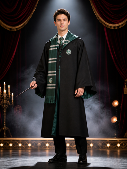 Wizard Robe Costume Set, Black Long Robe With Badge, Green-Black Striped Tassel Costumes detail 3