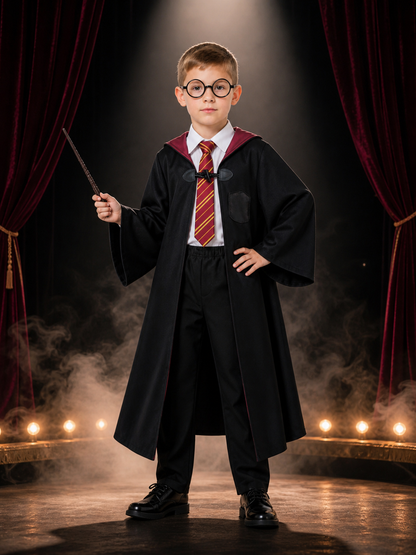 Children's Wizard Costume Set With Hooded Robe, Tie, Glasses, Shirt And Pants Costumes detail 3