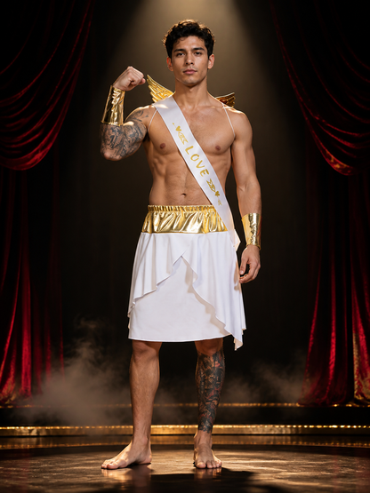 Men's Cupid Costume Dress, White and Gold Winged Asymmetrical Halloween Outfit Costume Dresses detail 3