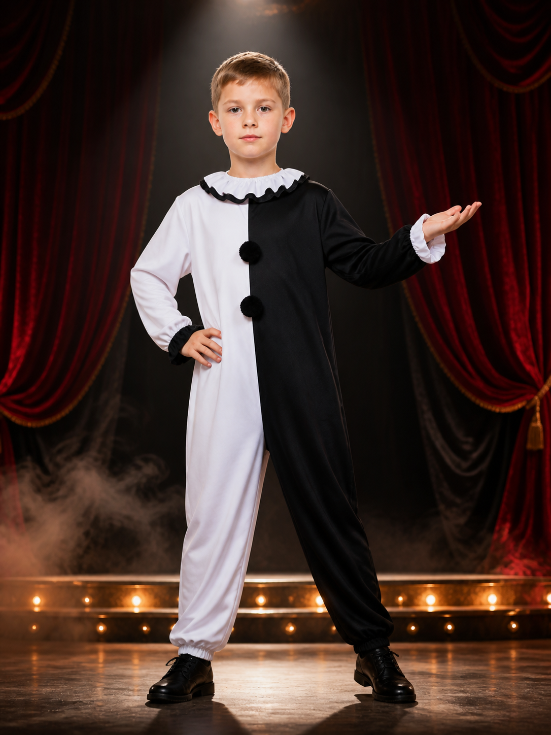 Men's Clown Jumpsuit Halloween Costume with Black and White Ruffle Trim Costumes detail 3