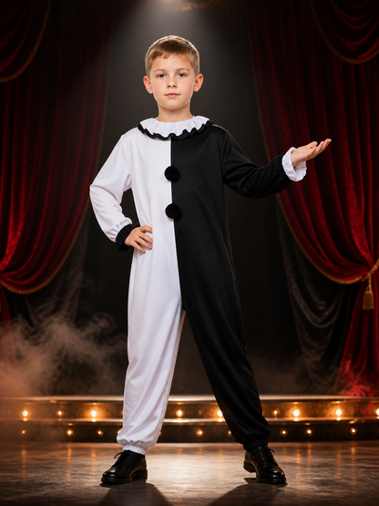 Men's Clown Jumpsuit Halloween Costume with Black and White Ruffle Trim Costumes detail 3