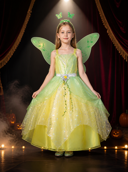 Girls Fairy Princess Butterfly Wings Costume Dress, Sparkle Gown With Fluffy