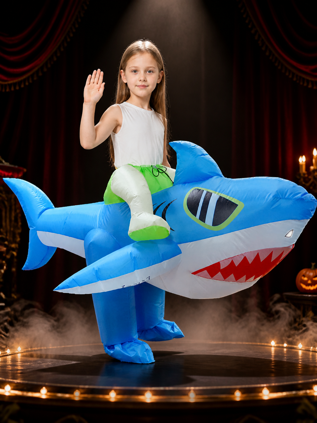 Blue Inflatable Shark Bodysuit Costume With Fins and Red Teeth for Halloween Costumes detail 3