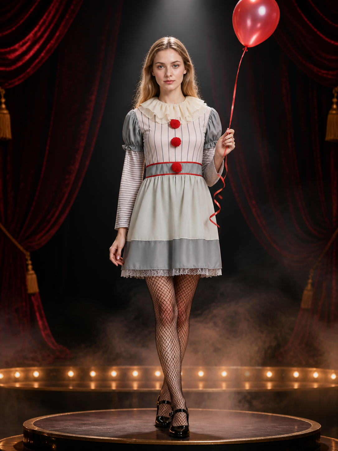 Clown Costume Dress, Striped Short Sleeve with Ruffle Collar and Red Pom Poms Costume Dresses detail 3