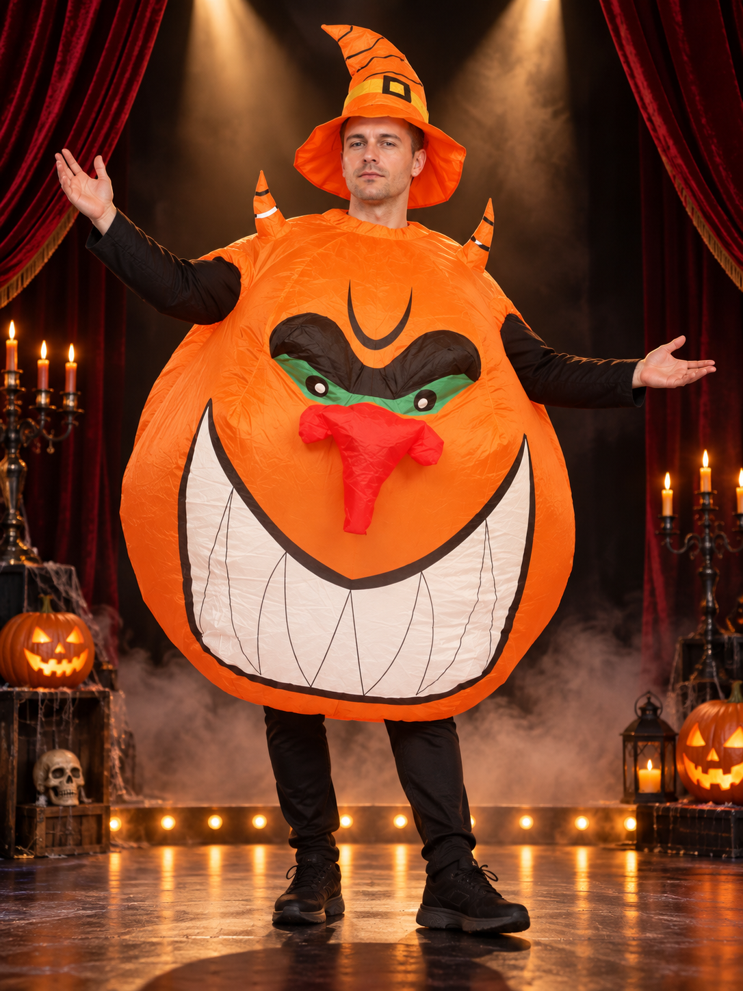 Inflatable Pumpkin Carnival Costume with Fan and Hat