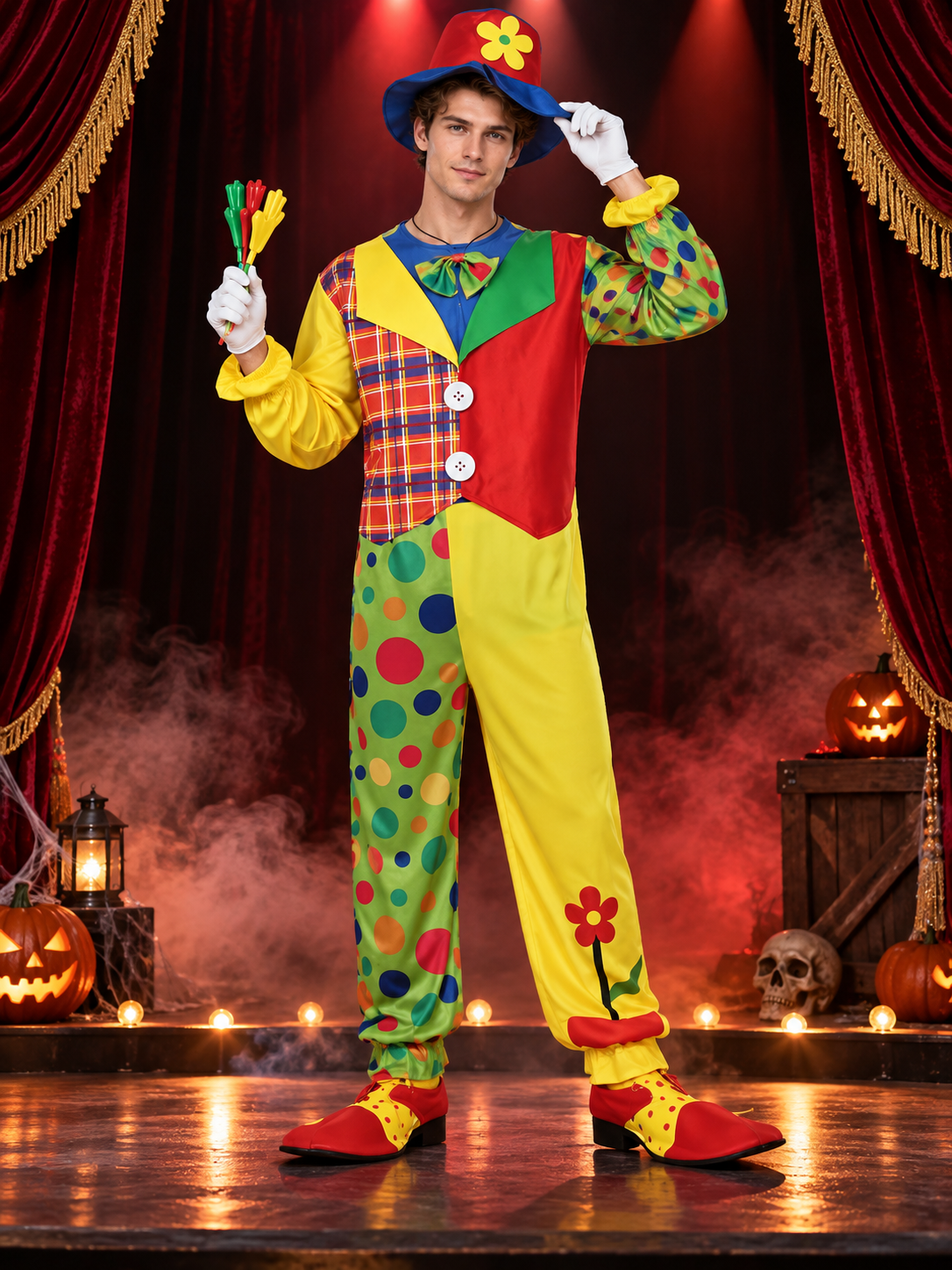 Clown Costume: Multicolor Jumpsuit, Hat, Bow Tie