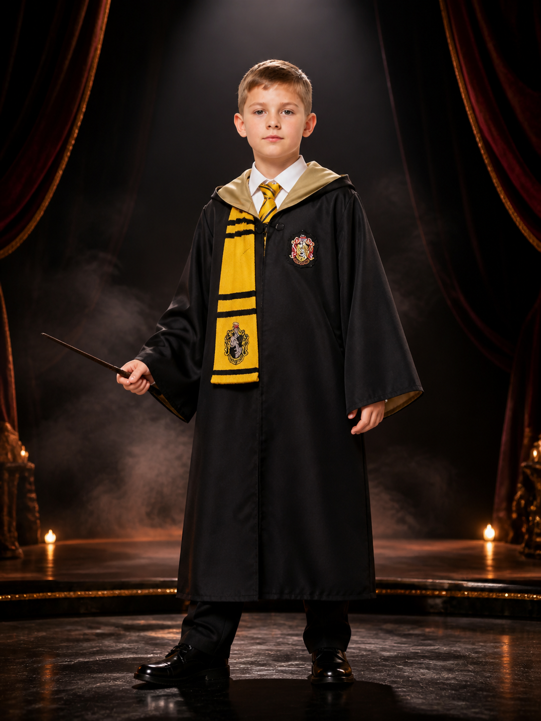 Hufflepuff Wizard Robe Costume Set With Scarf And Tie, Black And Gold Halloween Costumes detail 3