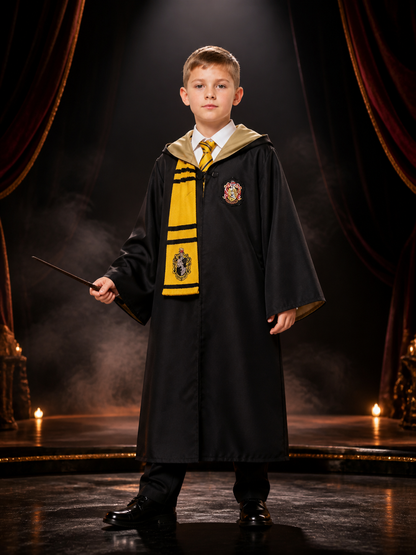 Hufflepuff Wizard Robe Costume Set With Scarf And Tie, Black And Gold Halloween Costumes detail 3