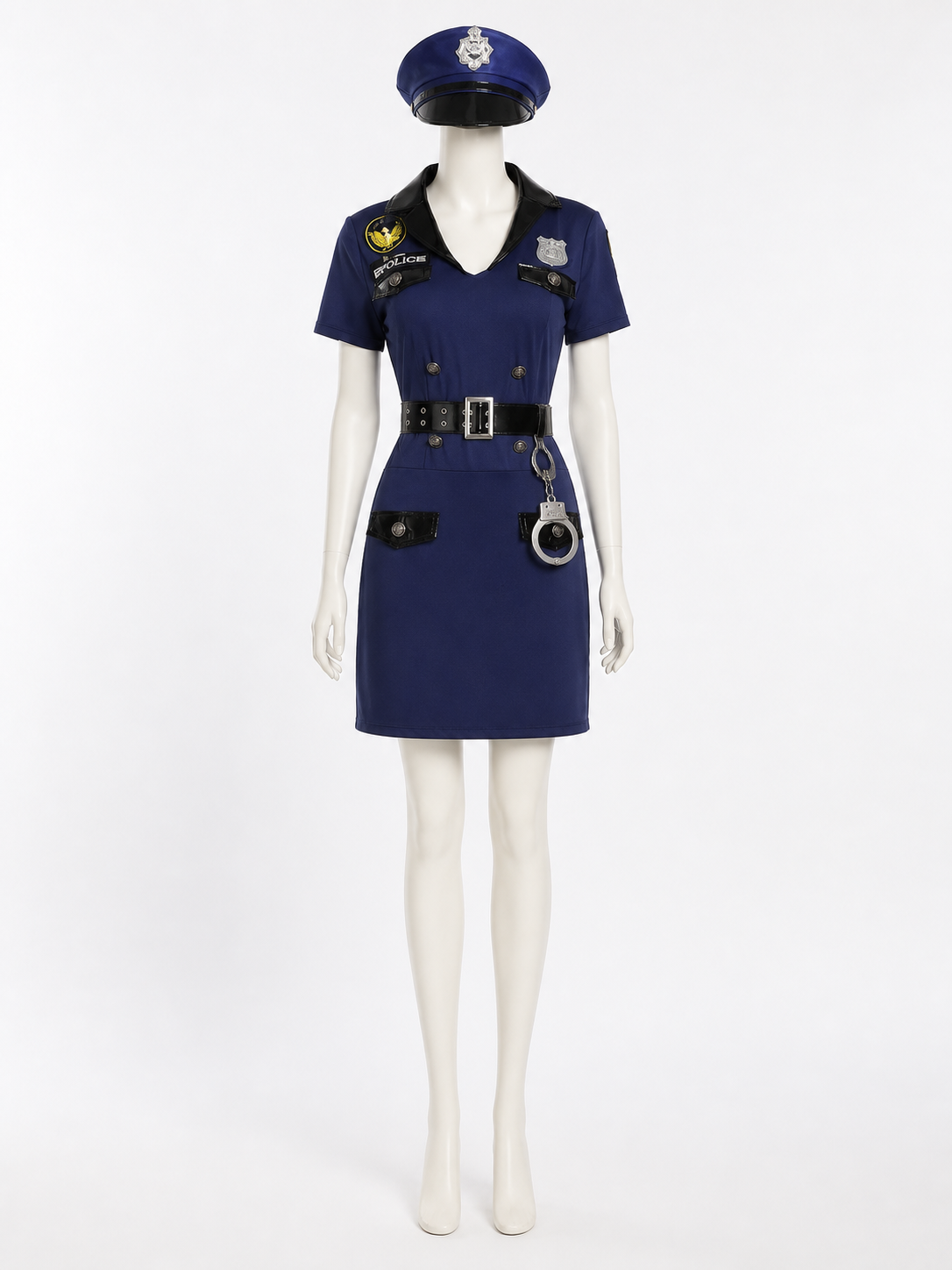 Women's Police Costume Set, Navy Collared Dress with Hat, Belt and Handcuffs Costume Dresses detail 3