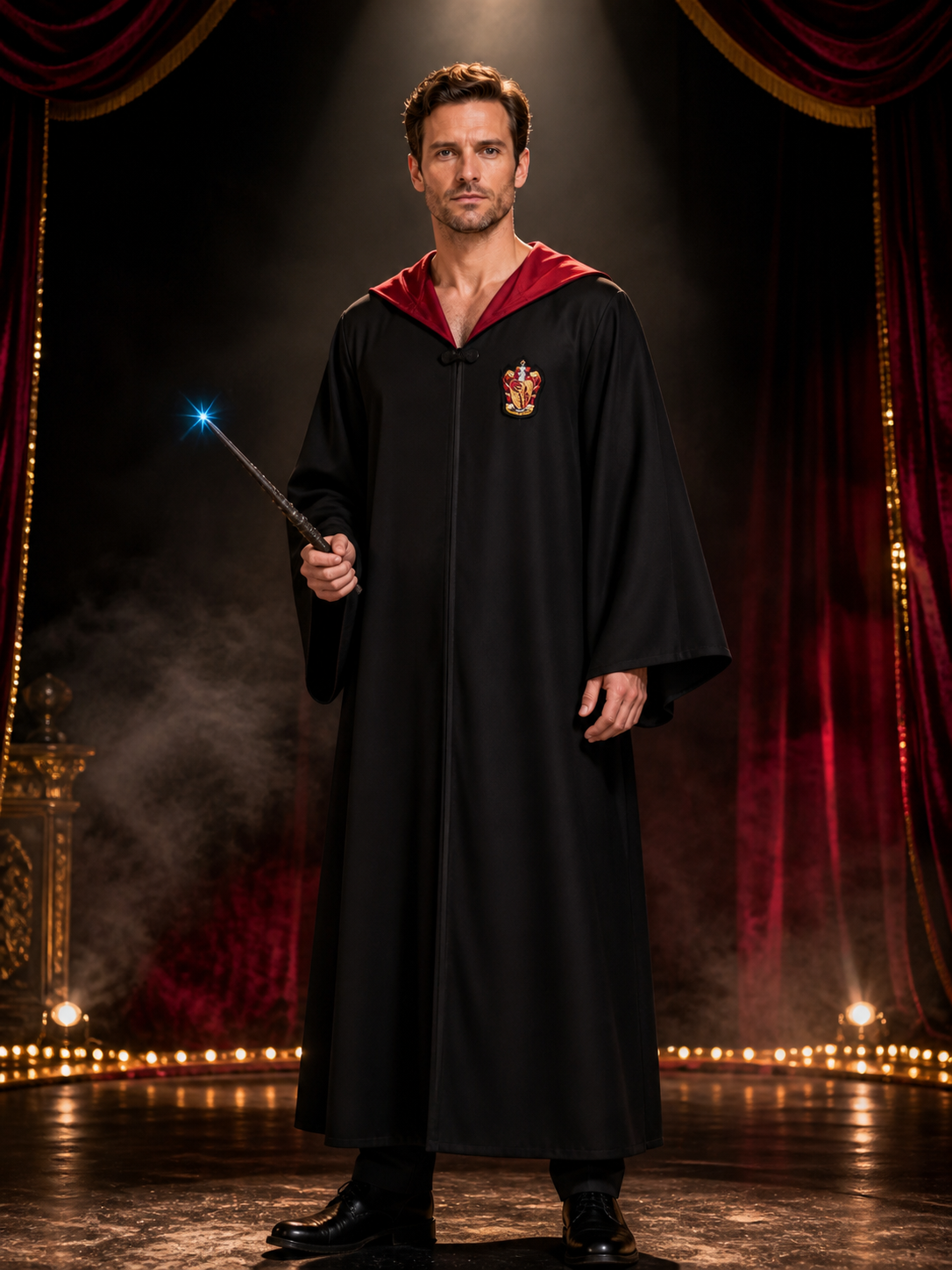 Hooded Wizard Robe Costume Set with Magic Wand, Black Long Cloak Costume Capes detail 3