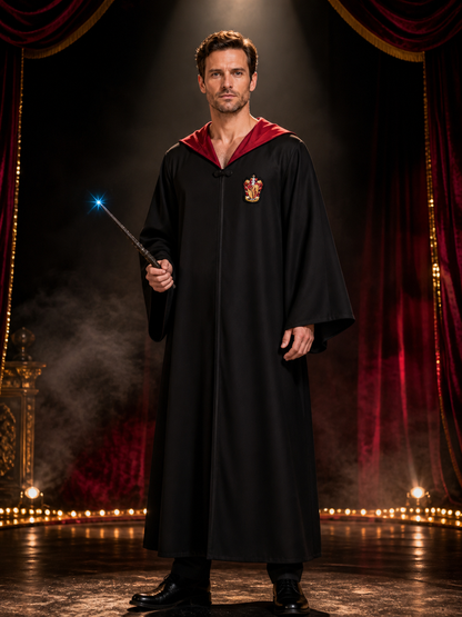 Hooded Wizard Robe Costume Set with Magic Wand, Black Long Cloak Costume Capes detail 3