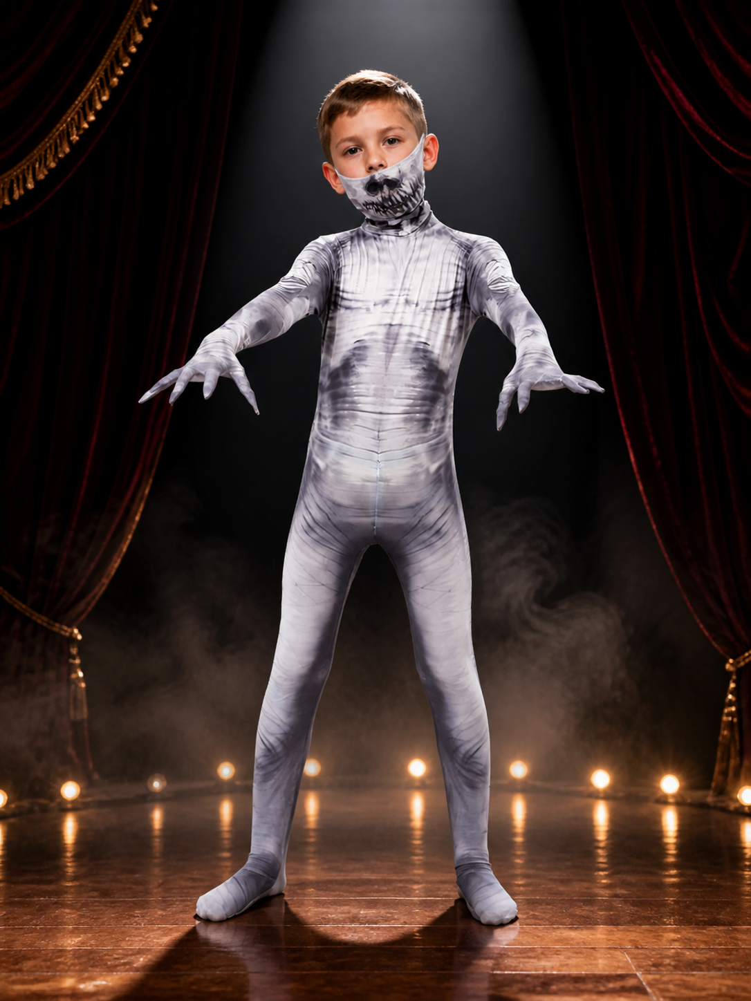 Skeleton Bodysuit Costume, Full Body Skull Print, Halloween Cosplay Outfit on-model stage scene view