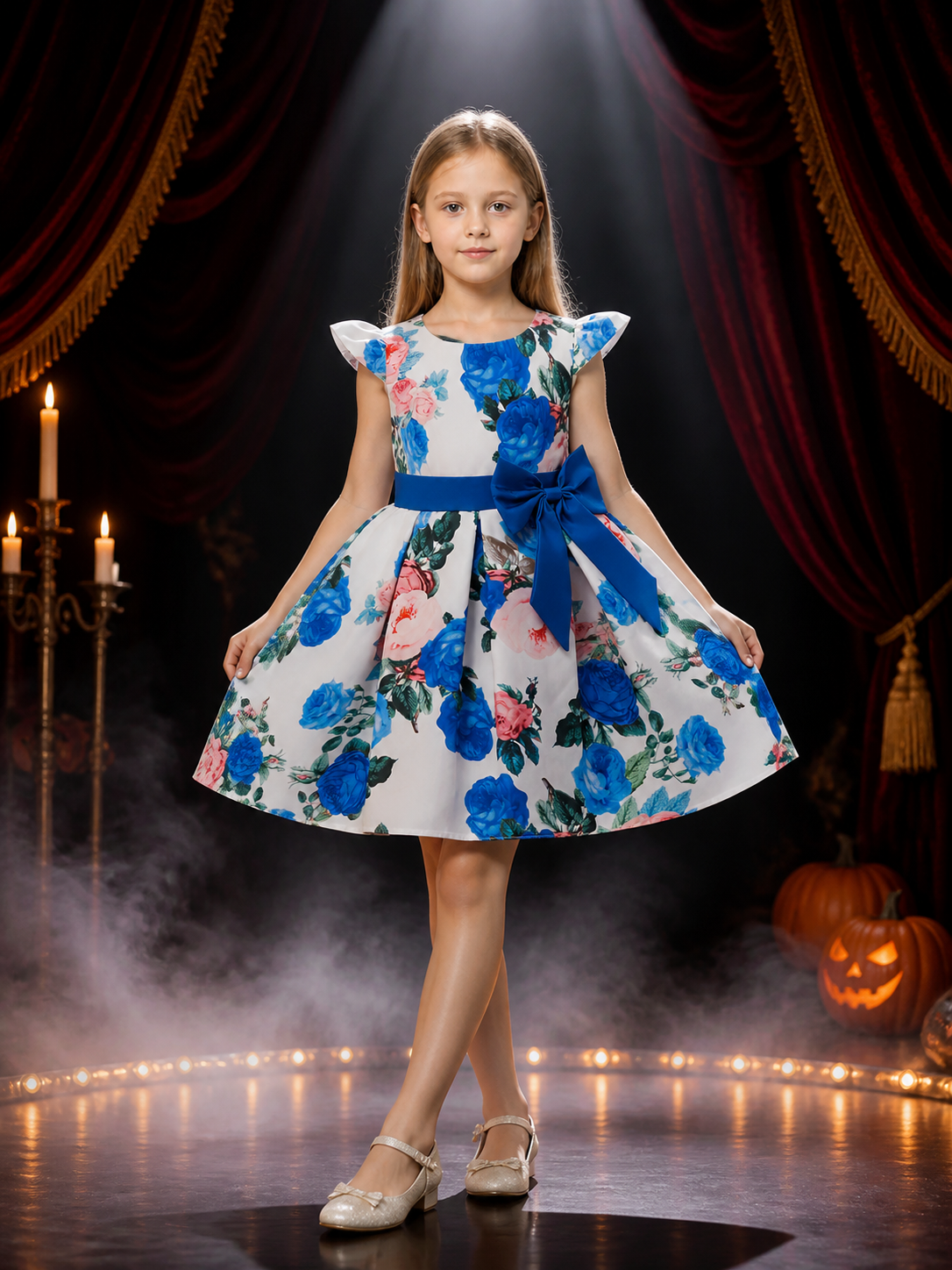 Girls' Princess Dress, Floral Print Short Sleeve Party Dress with Blue Bow Costume Dresses detail 3