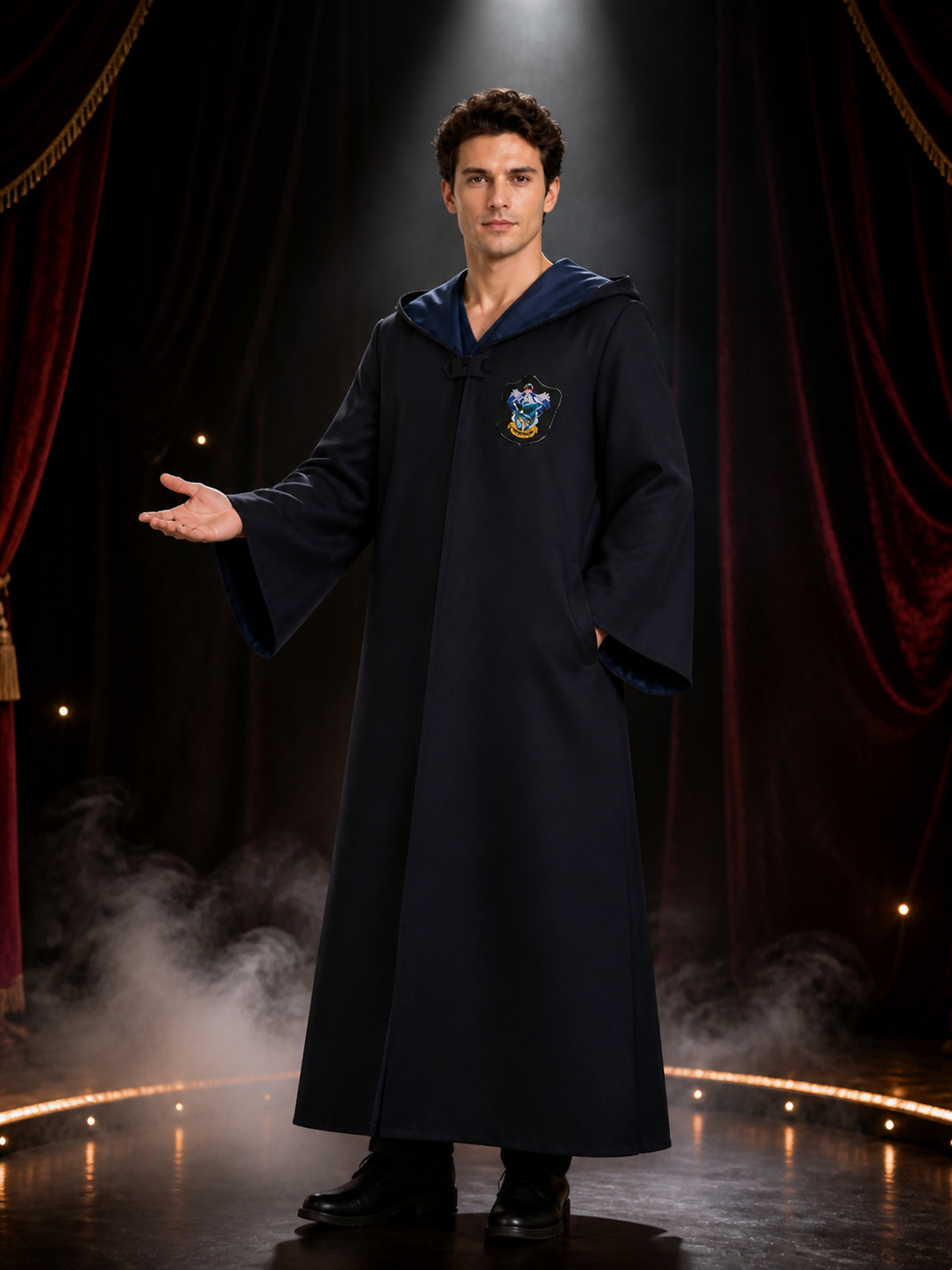 Wizard Academy Long-Sleeve Robe Costume, Dark Blue And Black Halloween Outfit Costumes detail 3