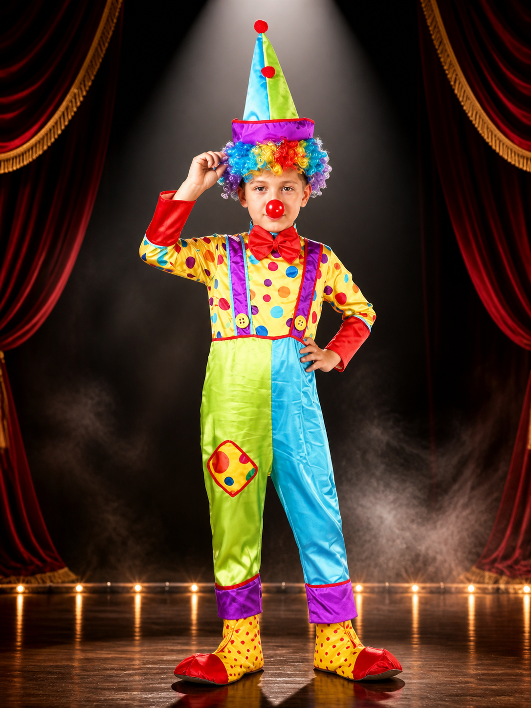 Kids' Colorful Clown Jumpsuit Costume Set with Polka Dots and Pointed Hat Costume Headwear detail 3
