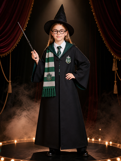 Green And Silver Wizard Robe Costume Set, 7-Piece Cosplay Outfit With Hat, Scarf Costume Headwear detail 3