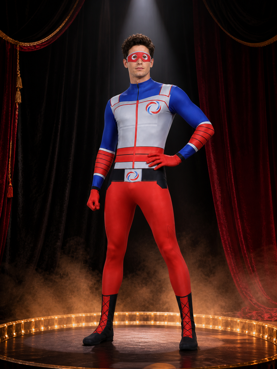 Color Block Superhero Bodysuit Costume with Eye Mask on-model stage scene view