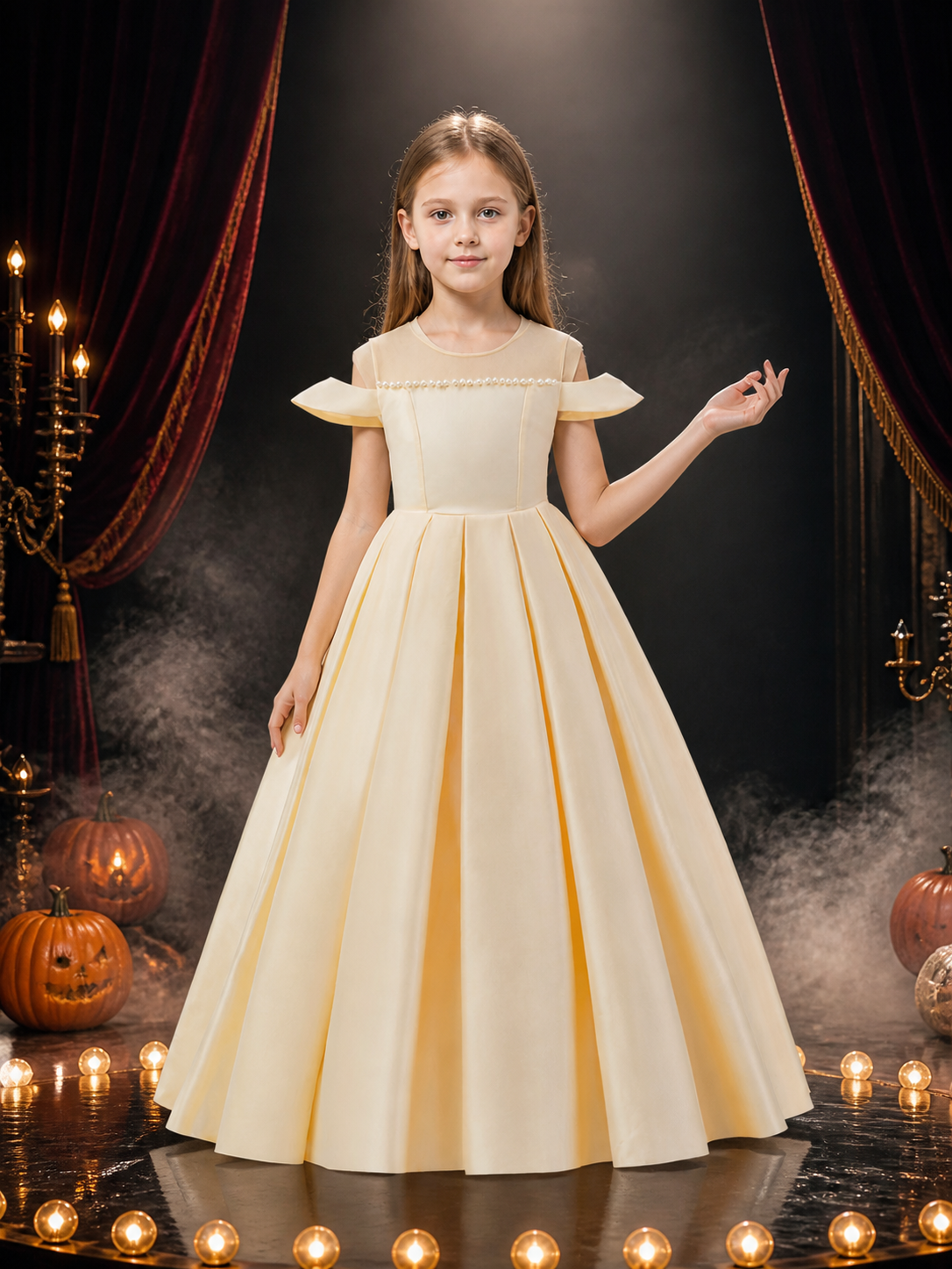 Girls' Champagne Off-Shoulder Beaded Pleated Long Formal Dress Costume Dresses detail 3