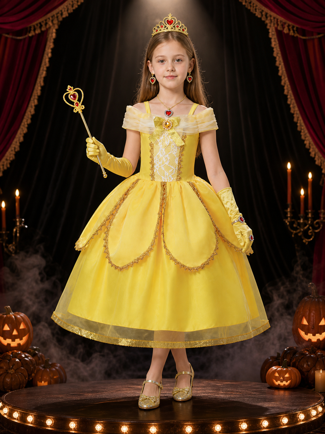 Girls Yellow Princess Off-Shoulder Tutu Dress Costume Set for Halloween Costume Dresses detail 3