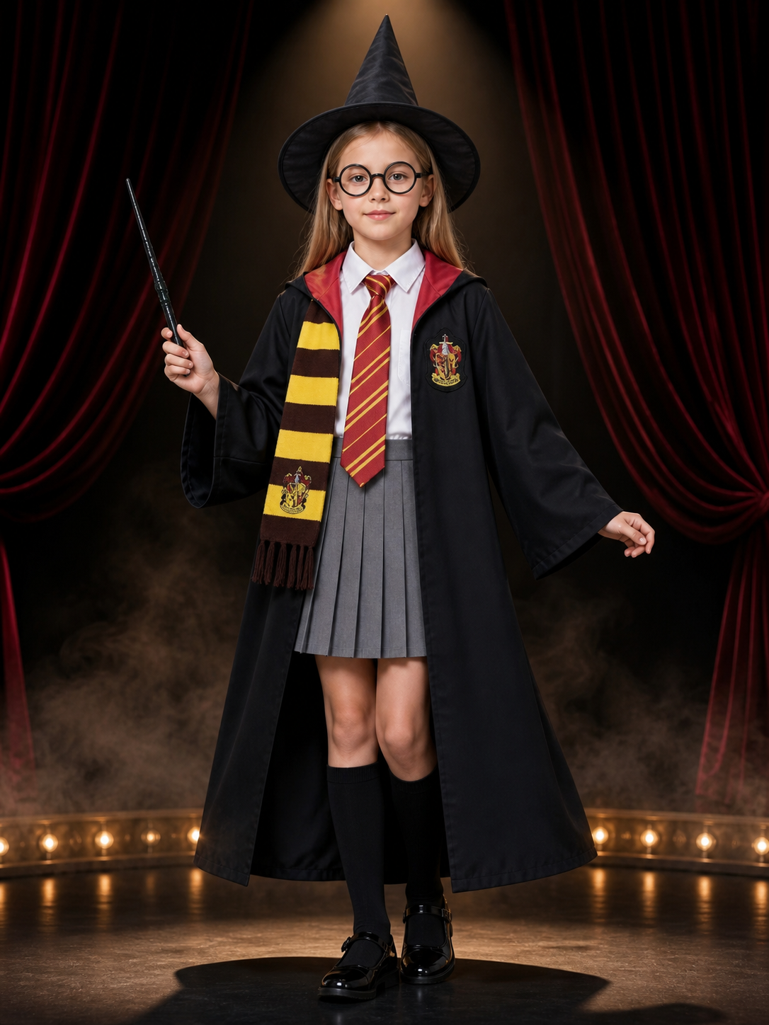 Kids Wizard Costume Set With Hooded Robe, Hat, Glasses, Wand, Scarf And Tie Costume Headwear detail 3
