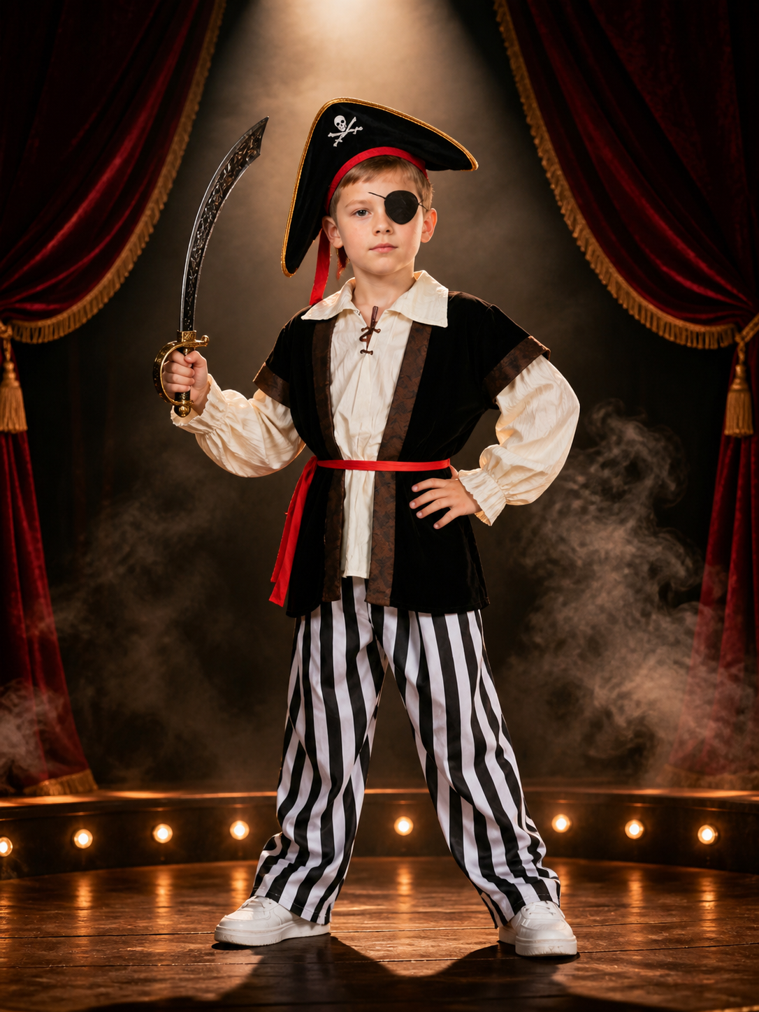 Kids Pirate Costume Set with Hat, Eye Patch, Striped Pants & Skull Print Top Costume Headwear detail 3