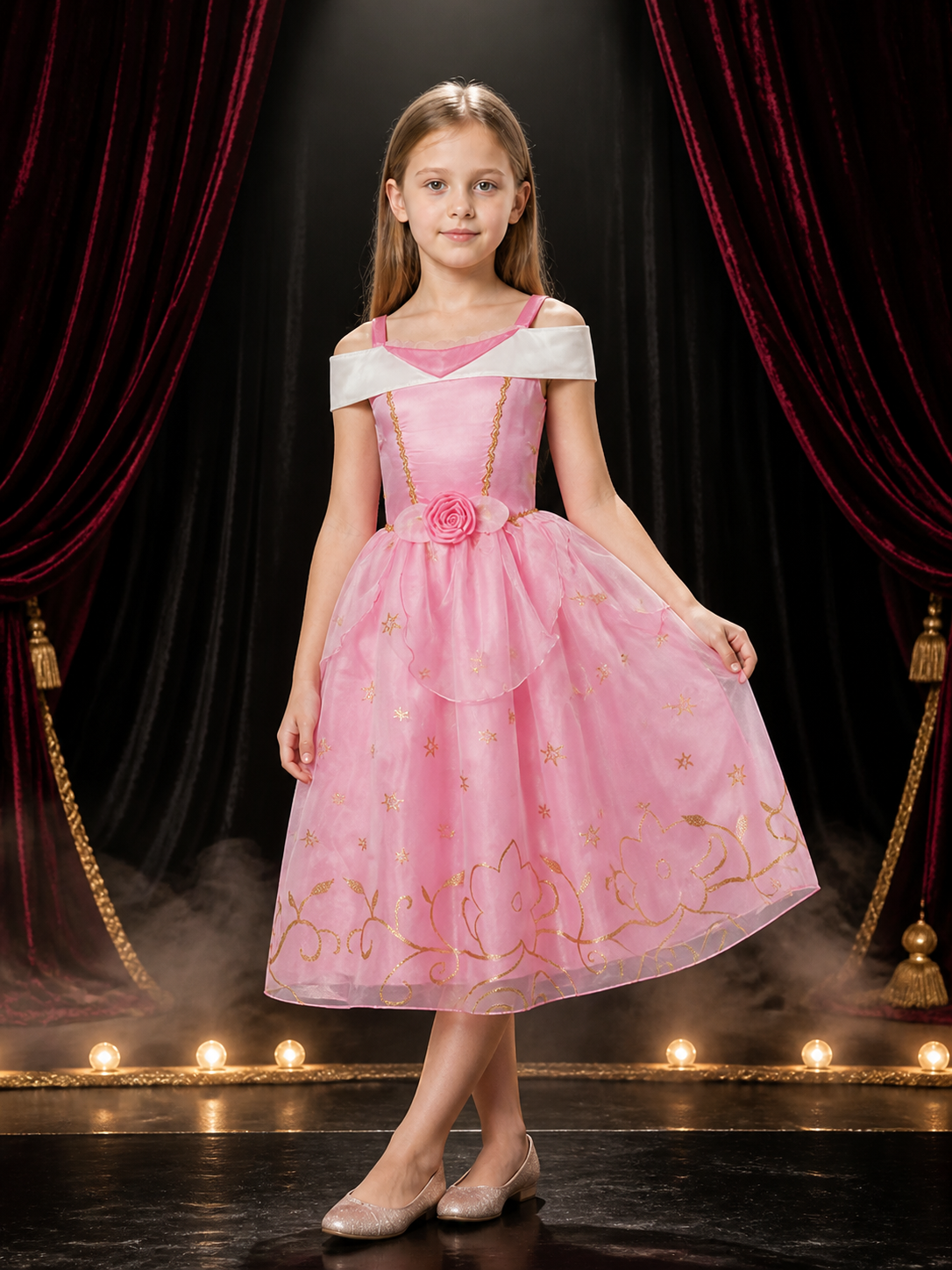 Girls Pink Princess Halloween Costume Dress With Gold Star And Floral Details Costume Dresses detail 3