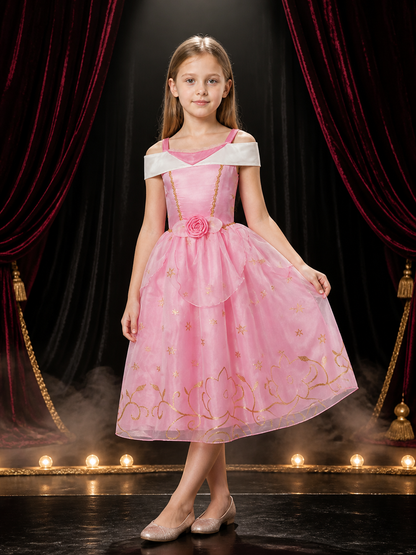 Girls Pink Princess Halloween Costume Dress With Gold Star And Floral Details Costume Dresses detail 3