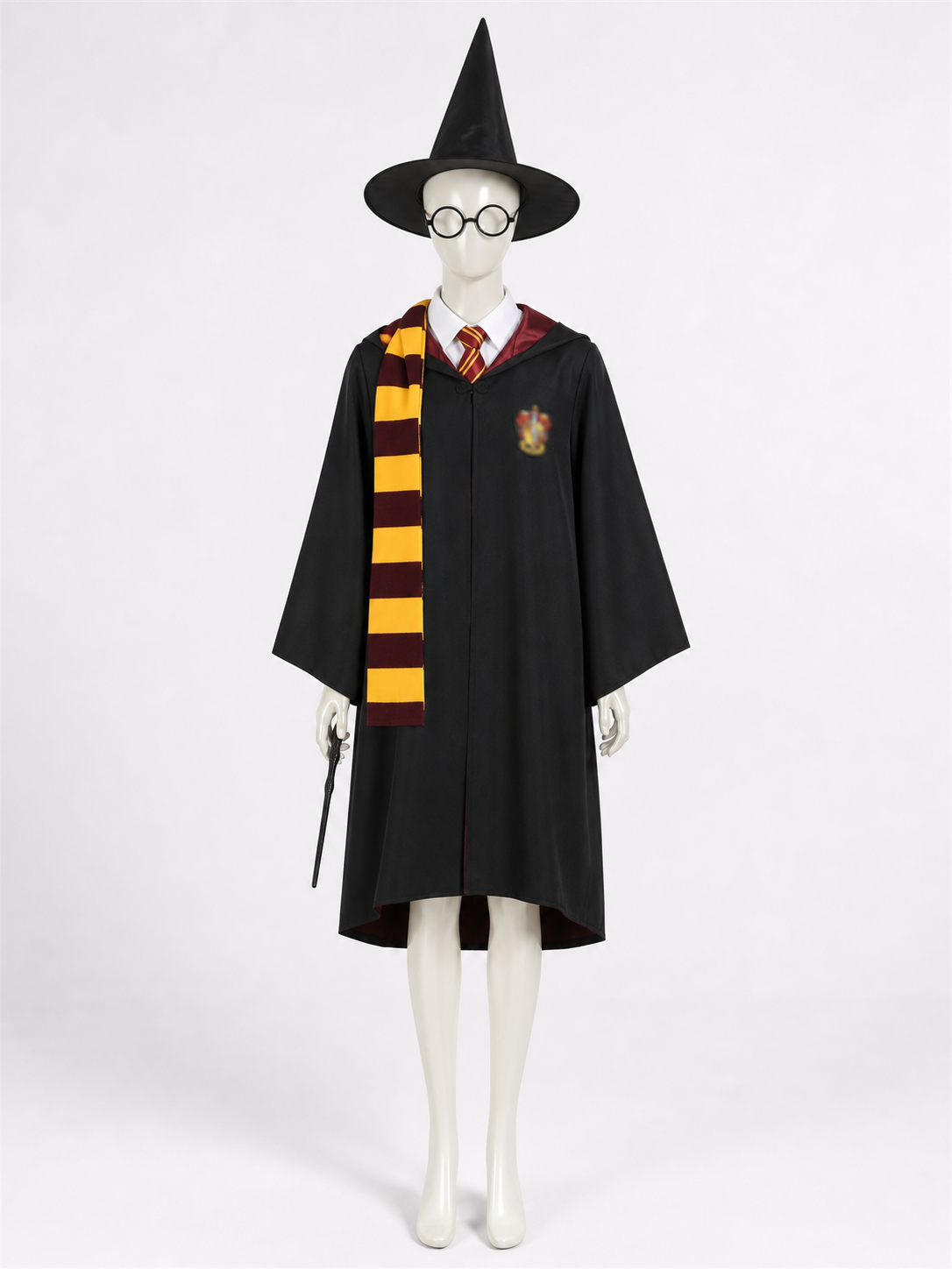 Wizard Costume Set, Hooded Cloak, Pointed Hat, Tie, Scarf, Wand and Glasses for