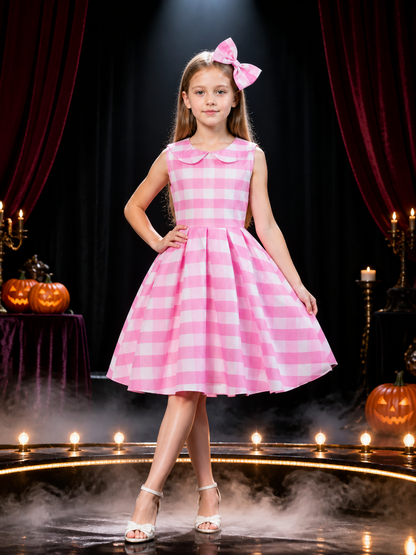 Kids' Pink and White Plaid Princess Dress Costume Set with Bow Headband Costume Dresses detail 3