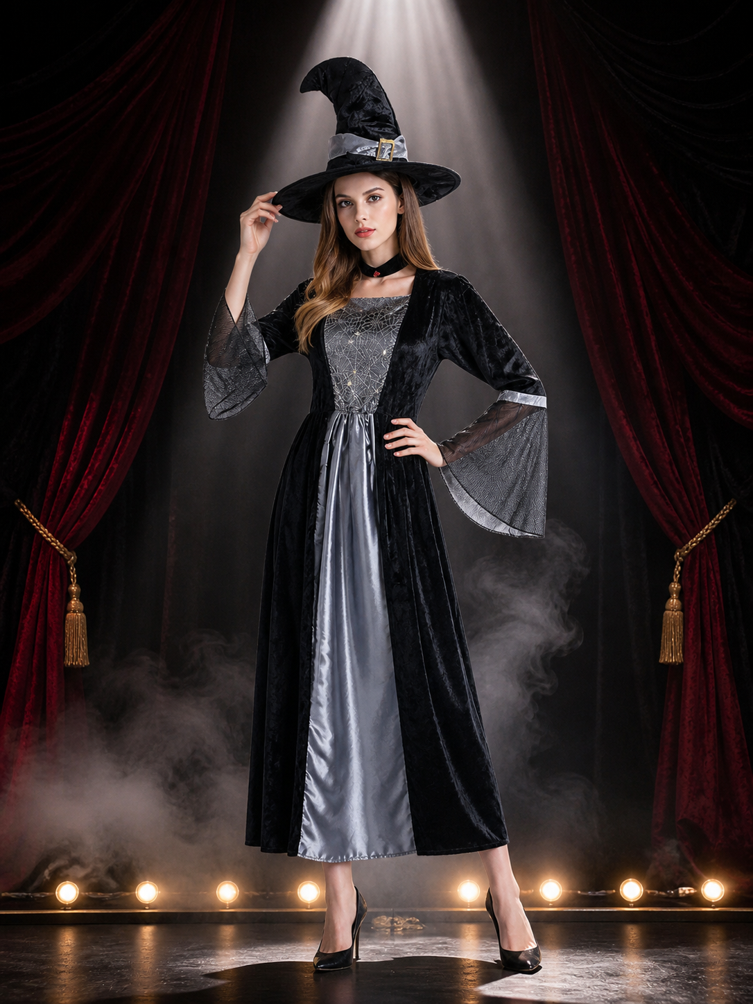 Women's Witch Costume Set - Black Long Dress with Sheer Sleeves, Spiderweb Costume Dresses detail 3