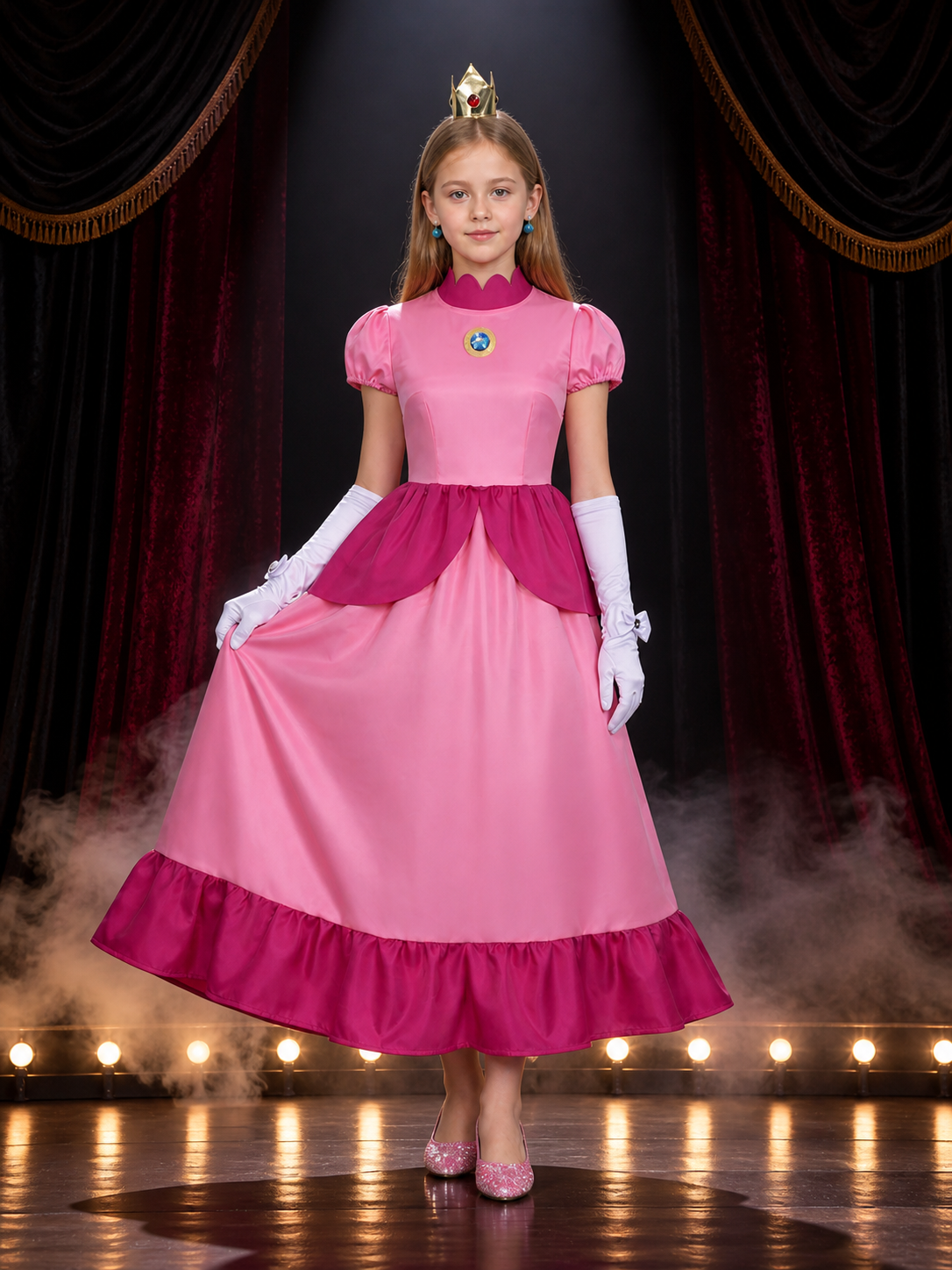 Children's Peach Princess Costume Dress Set with Crown, Gloves, and Brooch on-model stage scene view