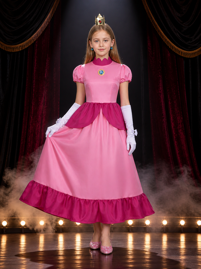 Children's Peach Princess Costume Dress Set with Crown, Gloves, and Brooch on-model stage scene view