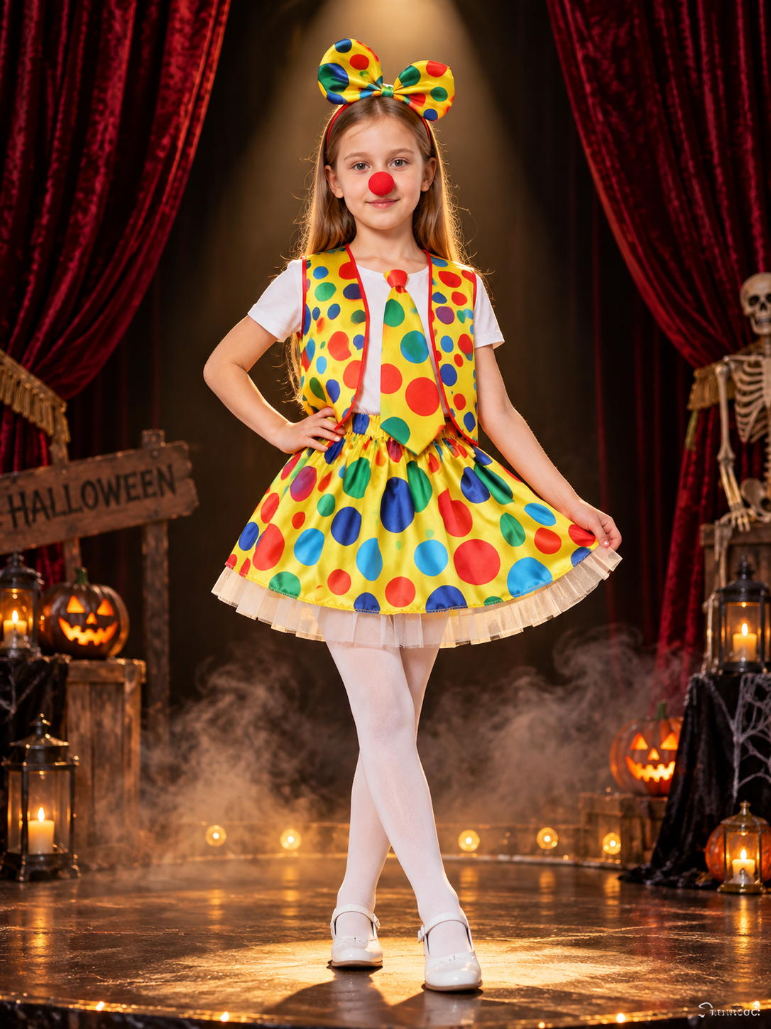 Kids' Clown Costume: Vest, Skirt, Tie, Headband, Nose