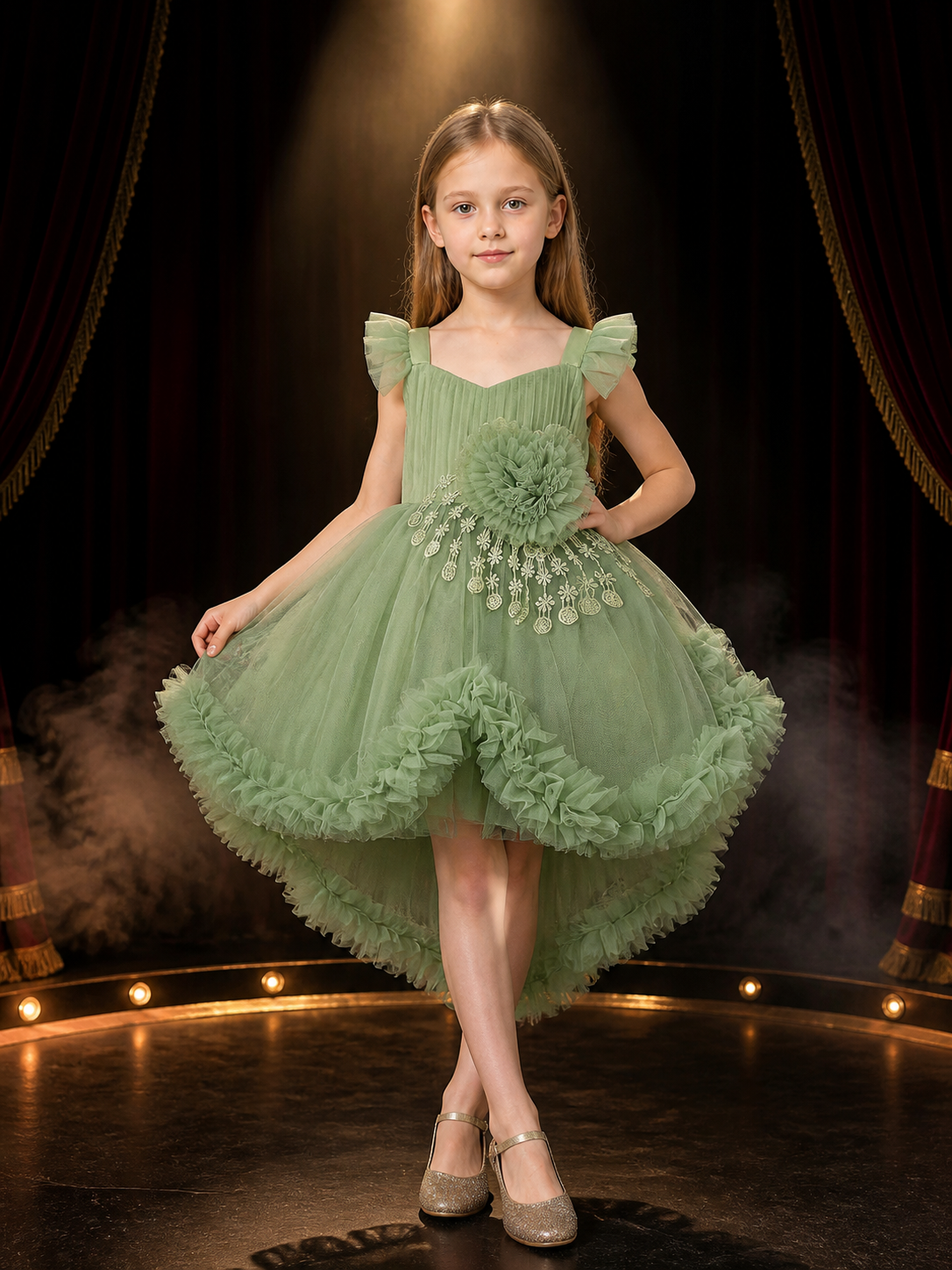 Baby Girls Flower Girl Princess Dress, Layered Tulle Skirt, Ruffle Sleeves and Costume Dresses detail 3