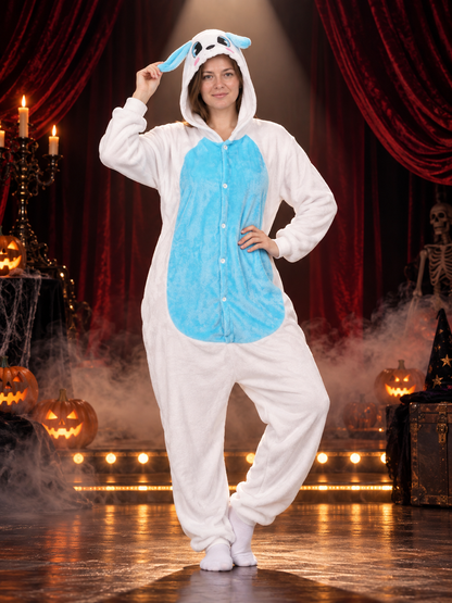 White and Blue Flannel Hooded Pajama Jumpsuit