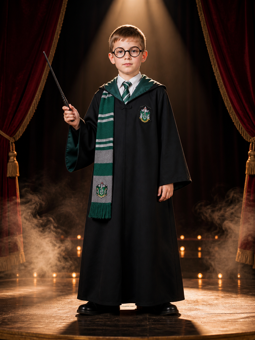 Kids Wizard Robe Costume Set, Dark Green Hooded Robe with Tie Scarf Glasses and Costumes detail 3