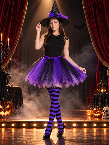 Witch Costume: Purple and Black, Hat, Skirt, Stockings