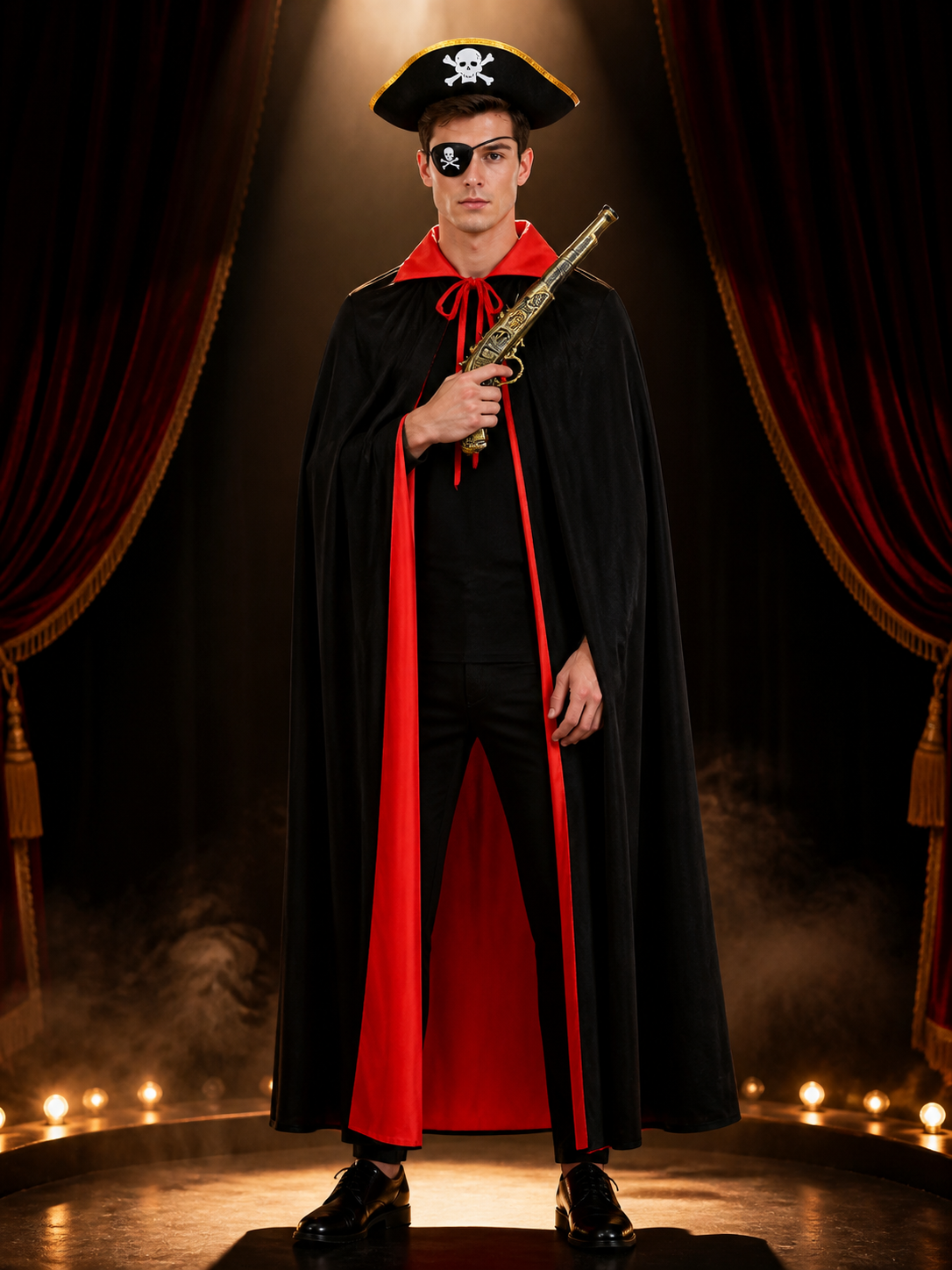 Pirate Costume Set, Black Red Double-Sided Cape with Skull Hat, Eye Patch and Costume Capes detail 3
