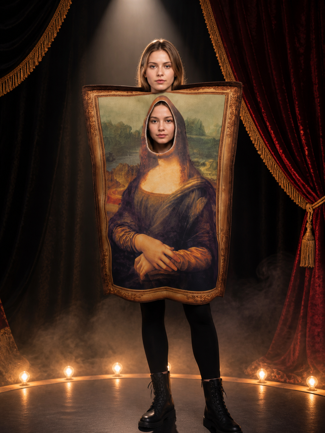 Funny Mona Lisa Portrait Bodysuit Costume, Vintage Gold Frame Halloween Party Costumes detail 3