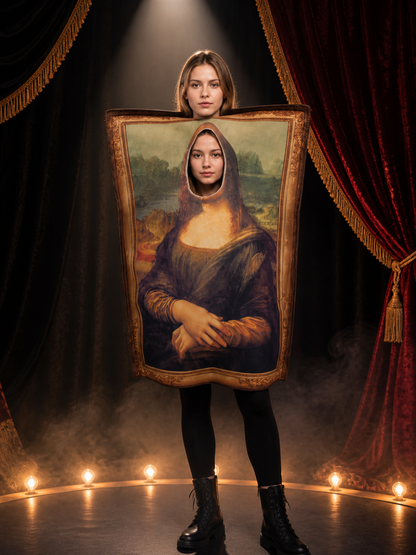 Funny Mona Lisa Portrait Bodysuit Costume, Vintage Gold Frame Halloween Party Costumes detail 3