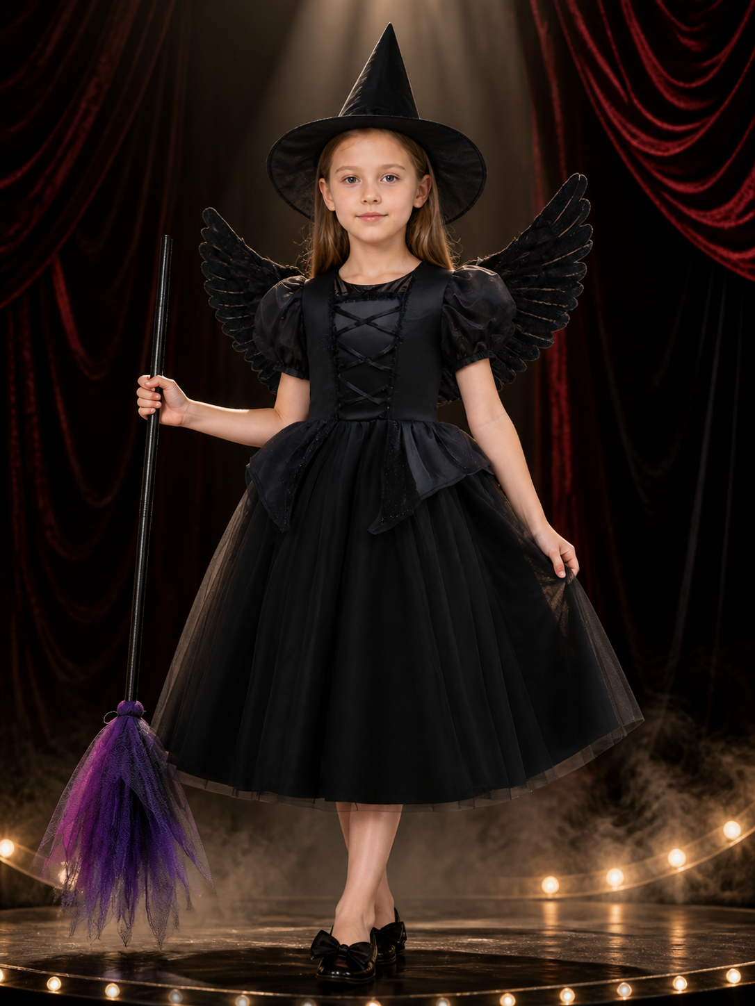 Girls Black Princess Witch Costume Set - Tulle Dress with Wings, Hat & Broom Costume Dresses detail 3