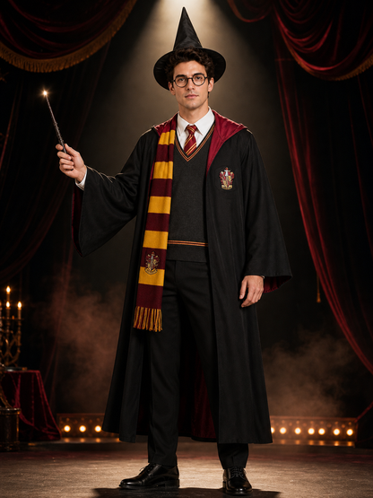Wizard Costume Set, School-Style Hooded Robe With Hat, Scarf, Tie, Glasses, Wand Costume Headwear detail 3