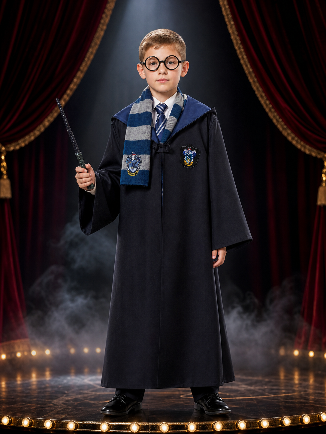 Children's Ravenclaw Wizard Robe Costume Set with Tie, Scarf, Glasses and Wand Costume Accessories detail 3