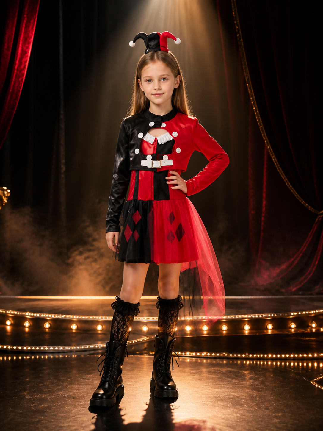 Kids Clown Circus Halloween Costume Set - Black Red Harlequin Dress with Costume Dresses detail 3