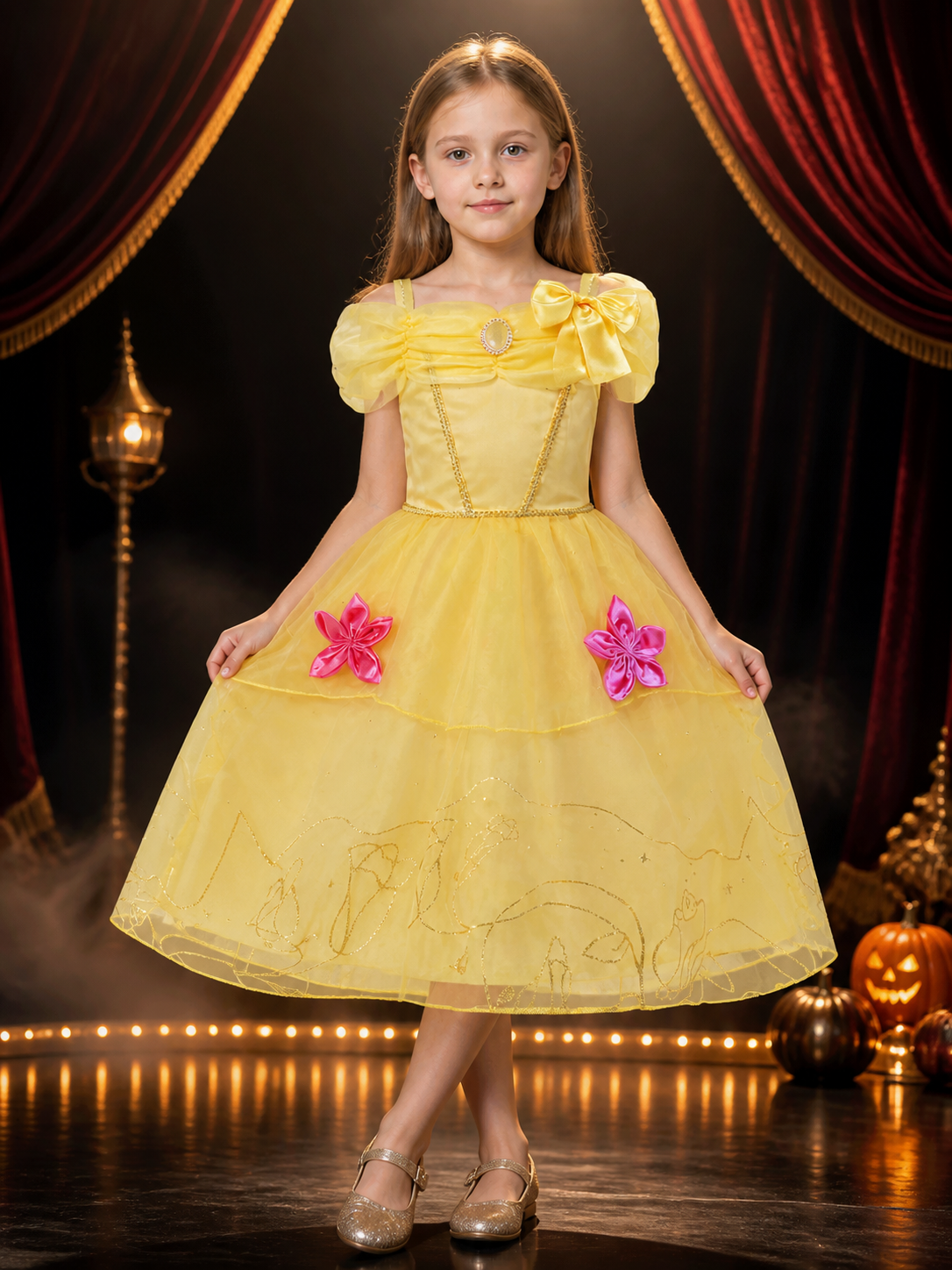 Girls Princess Costume Dress, Yellow Tutu with Pink Flowers - Halloween Party Costume Dresses detail 3