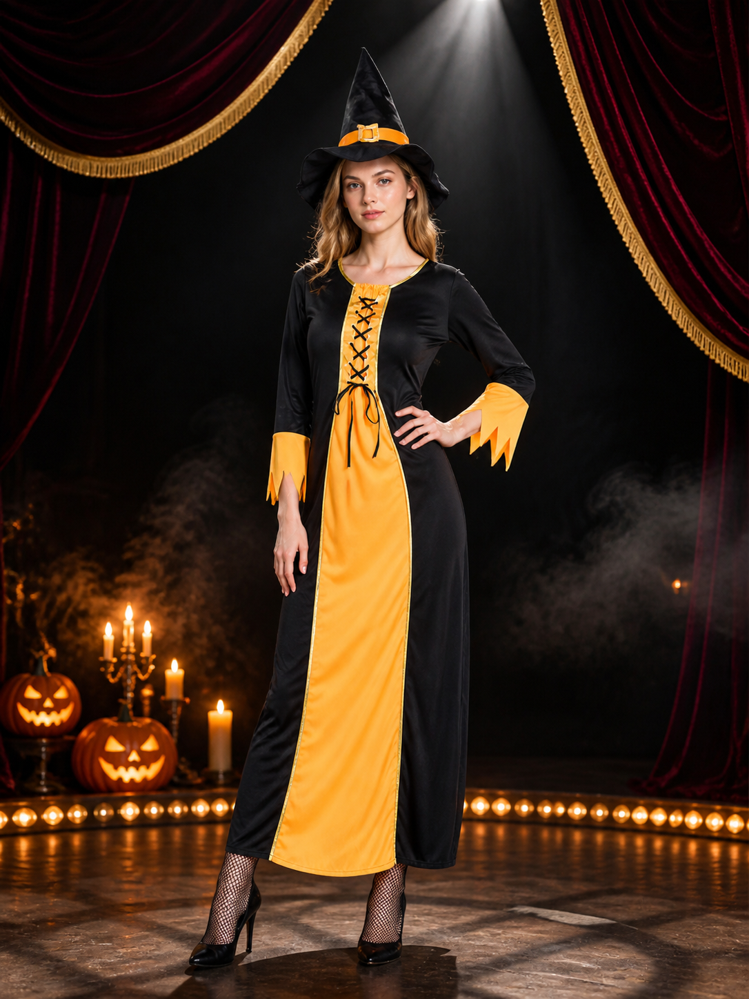 Witch Costume with Long Dress and Hat for Halloween