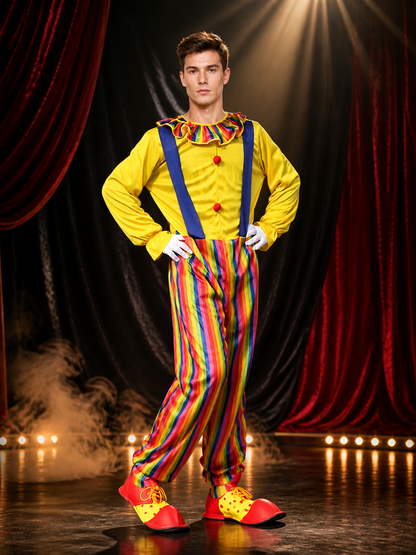 Adult Clown Jumpsuit Costume, Colorful Striped Bodysuit with Suspenders and Costumes detail 3