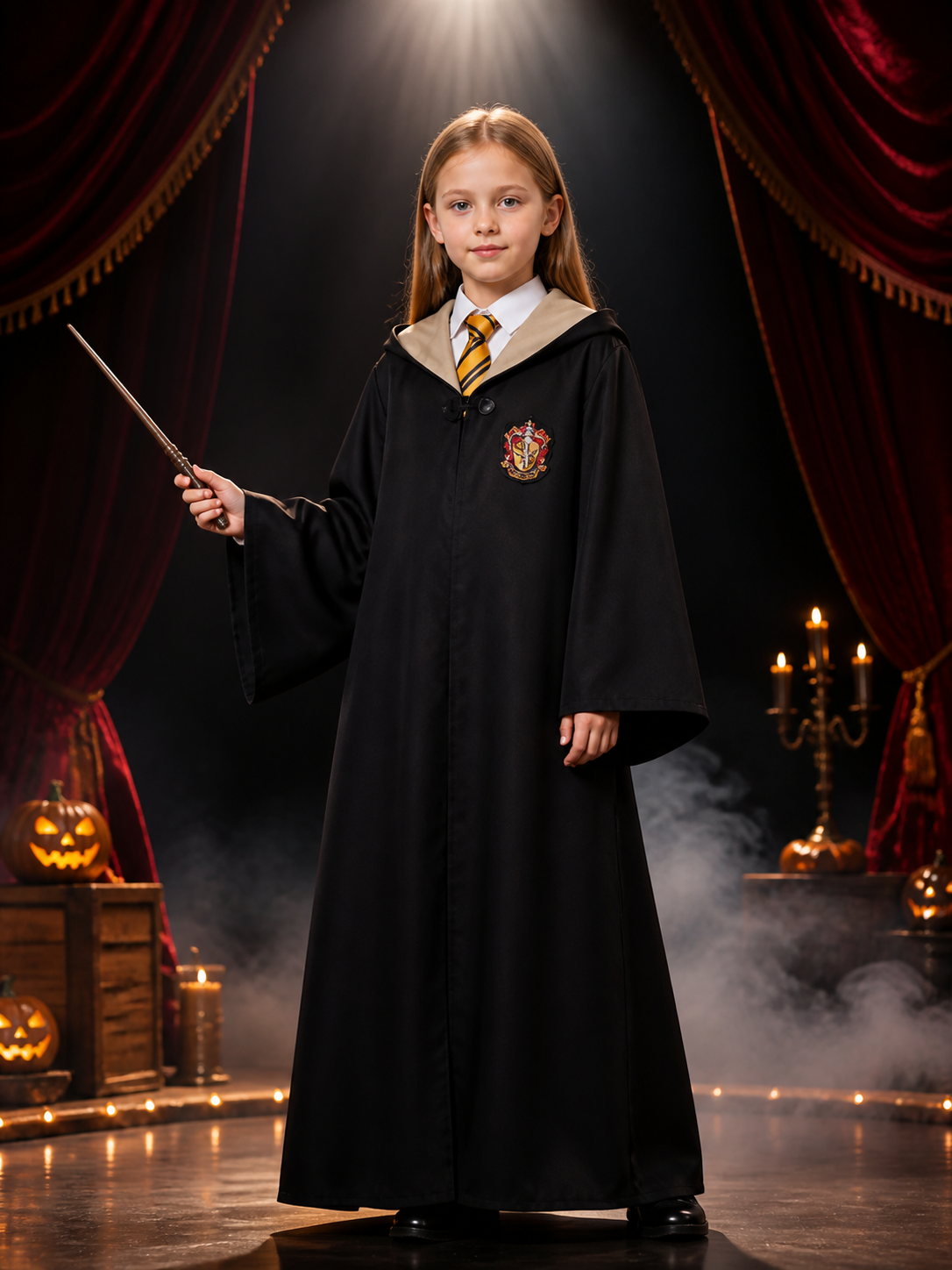 Hooded Wizard Robe Costume Set With Striped Tie, Academy-Style Halloween Outfit Costumes detail 3